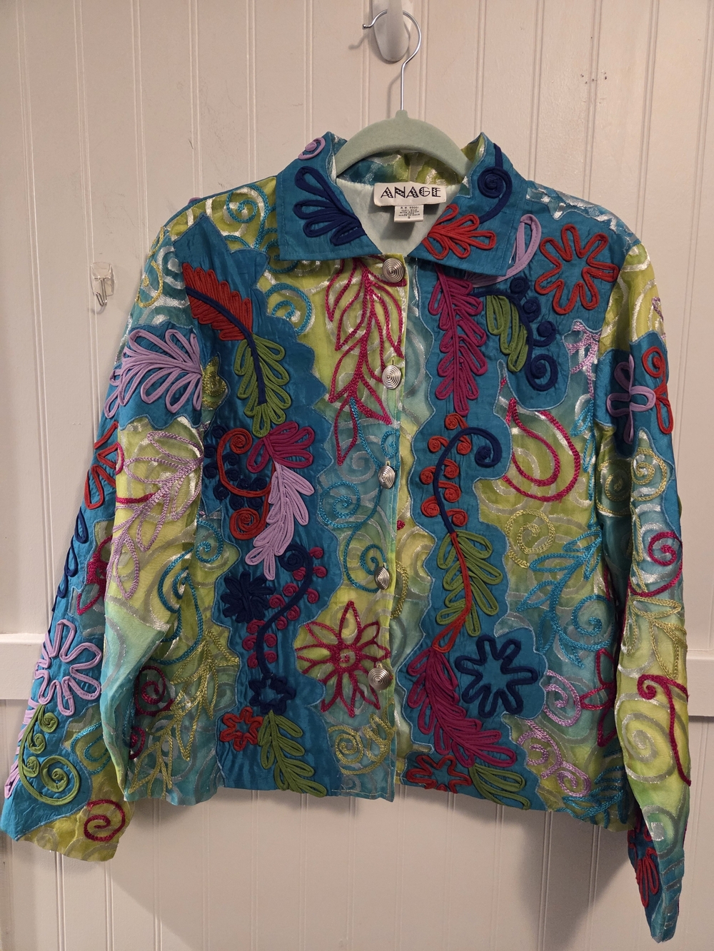 Vintage ANAGE Turquoise & Lime Embroidered Floral Jacket Size Small